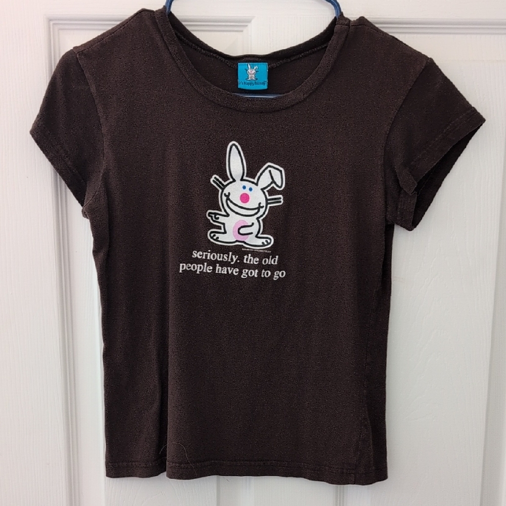 It's Happy Bunny Brown Short Sleeve Tee with Bunny Graphic
